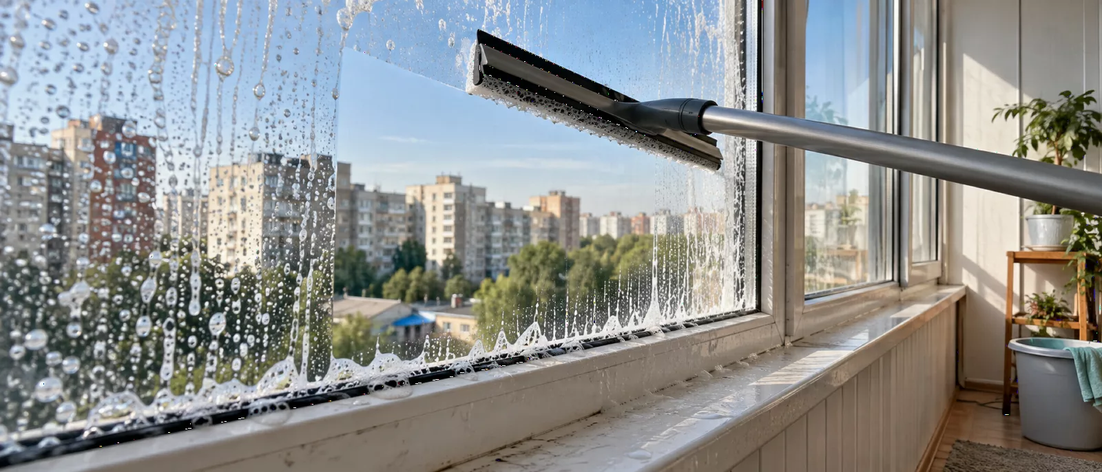 Стяжка для воды очищает оконное стекло без разводов