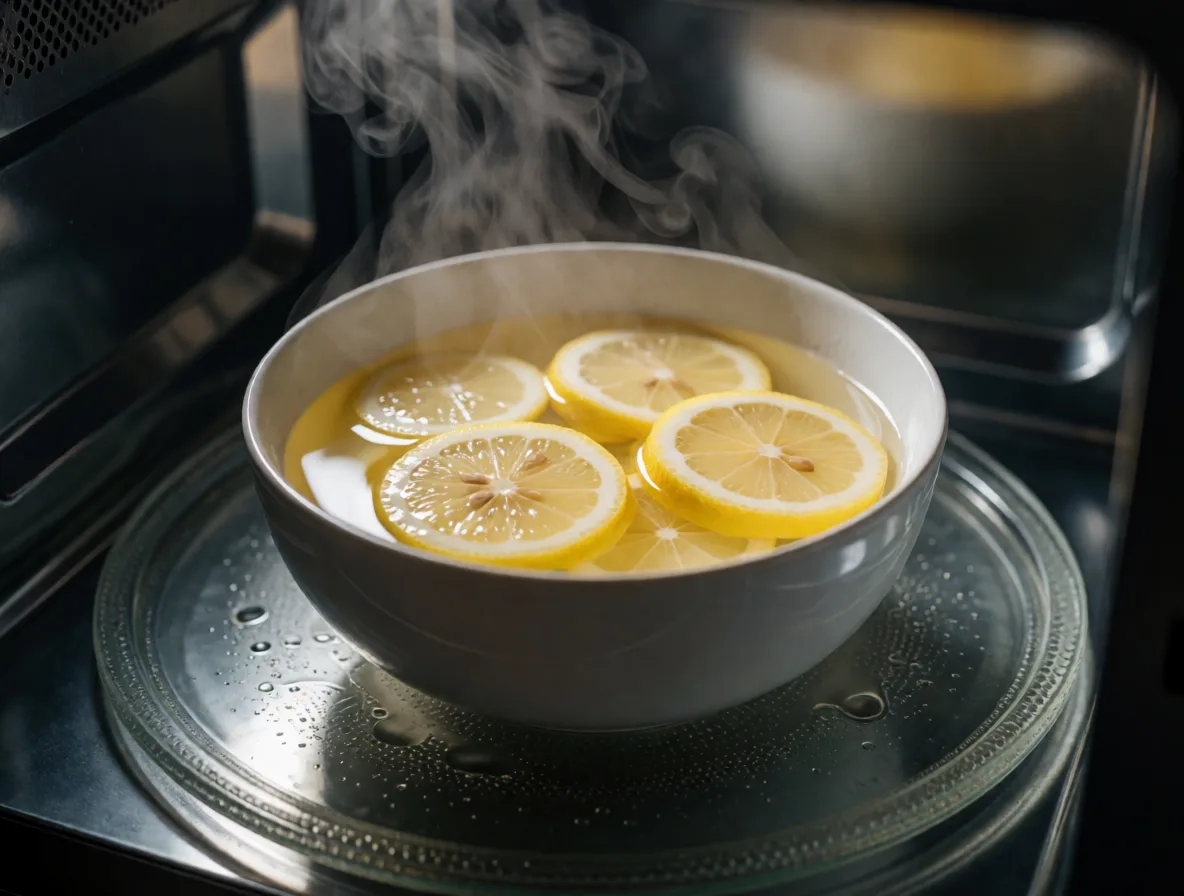 Микроволновка с водой и лимонными дольками, создающими пар.